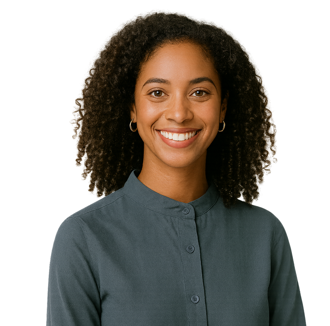 A woman in light blue shirt stands, conveying professionalism and confidence.